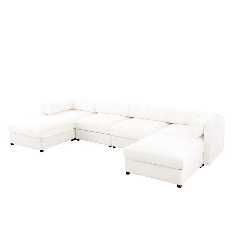 Canapé modulaire en chenille blanc avec rangement - siège profond, cylindrique pour une charmante assise en U et confort, 4