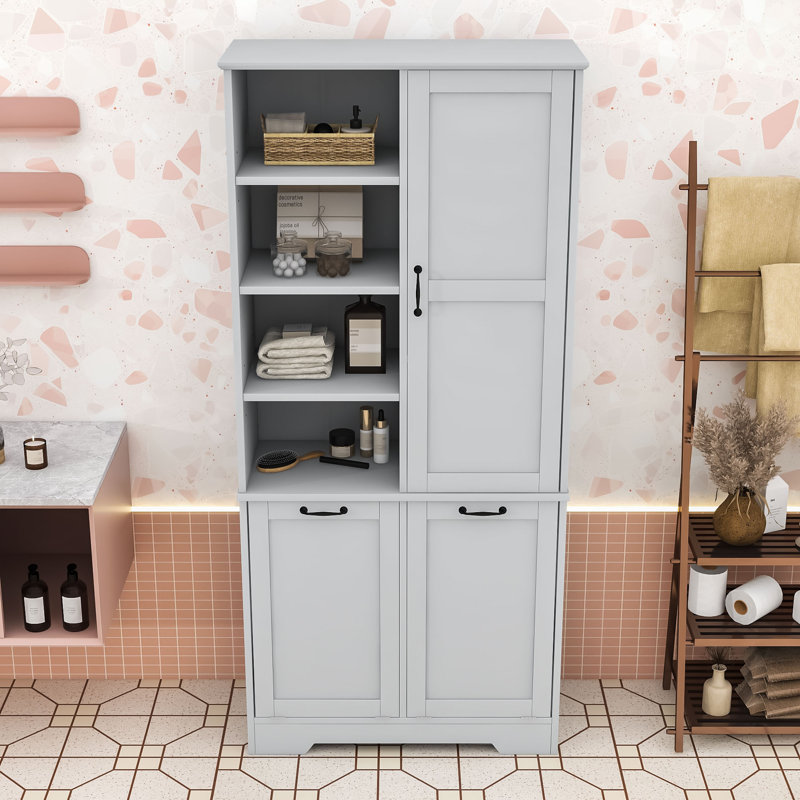 Armoire de rangement autoportante en bois avec tablettes réglables et paniers à linge inclinables, Gris