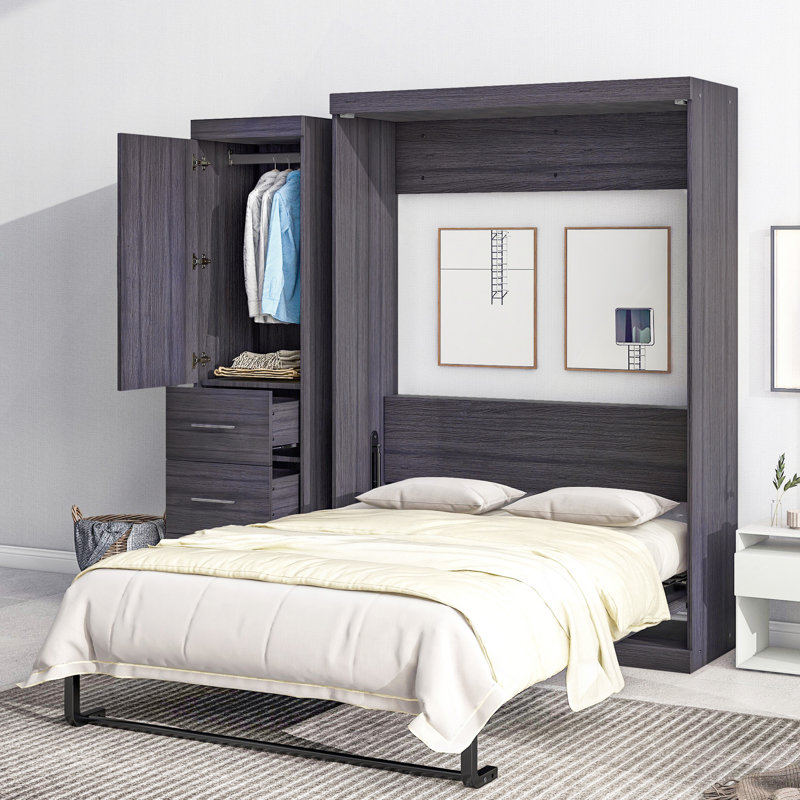 Lit escamotable avec garde-robe et tiroirs, lit de rangement, peut être plié dans une armoire, Lit double