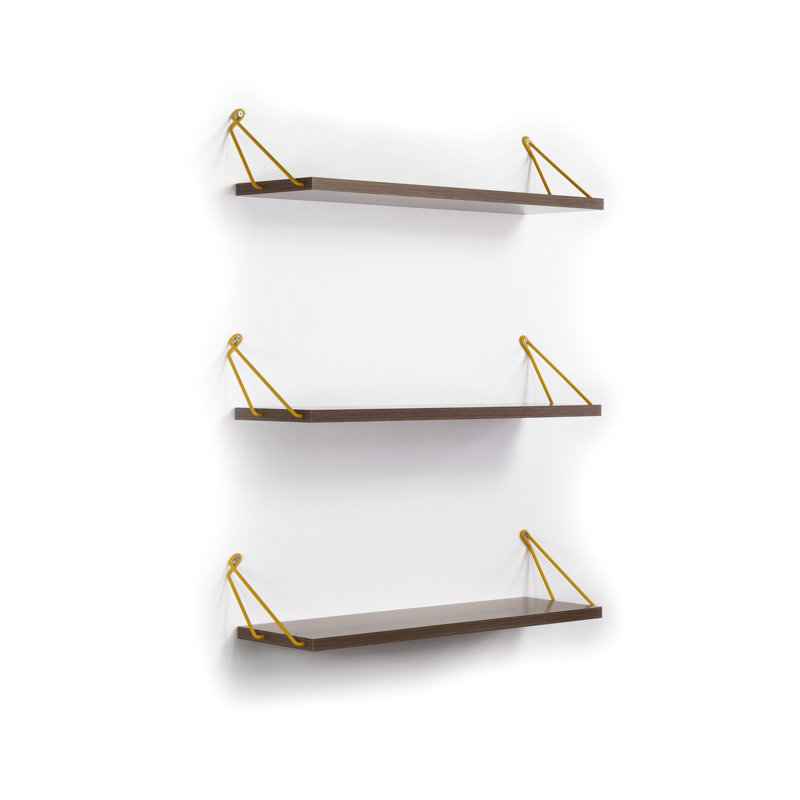 Solid Wood Bookcase Triple Shelf Rustic - Wall Mounted Walnut/Yellow Decorative Shelves For Books Theme, Walnut
