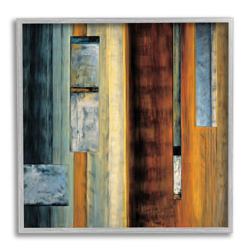 " Rustic Abstraction Brown Orange Blue ", Gray Framed, 24" H x 24" W