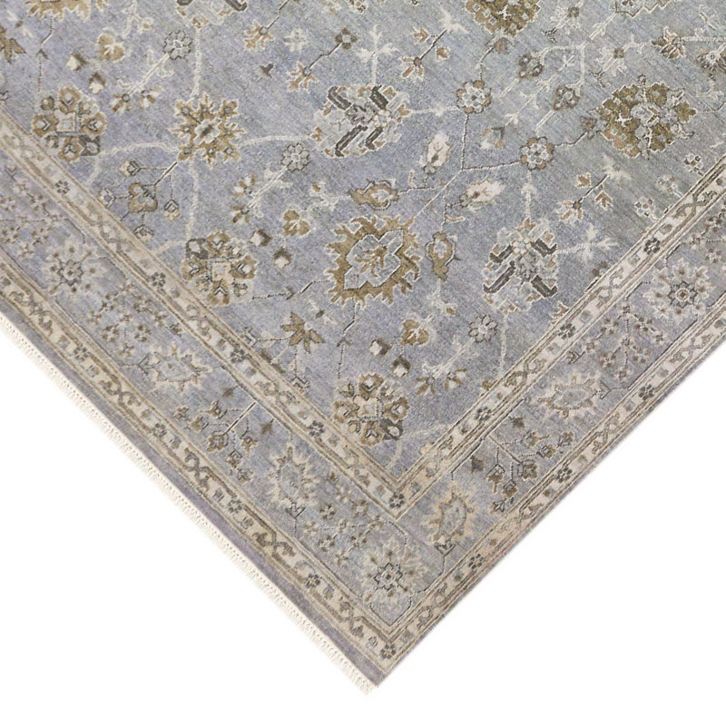 Hand-Knotted Blue Wool Fringed Area Rug, 14' x 10'