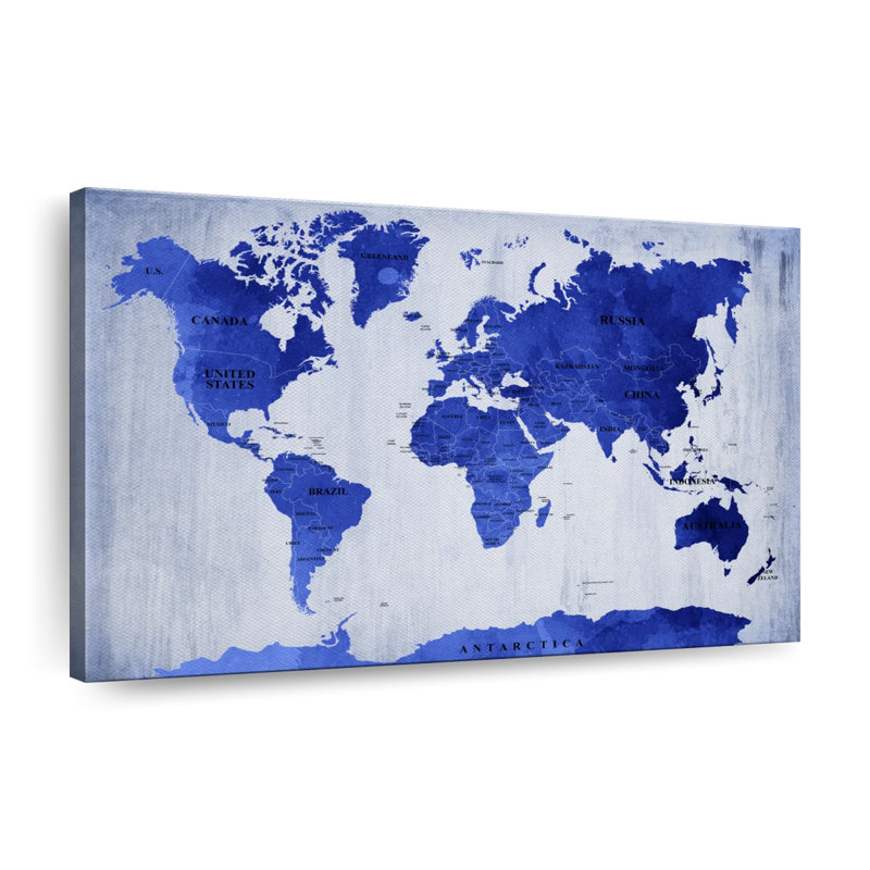 Carte du monde bleu vif sur toile, H 24 po x l 36 po x P 1,25 po