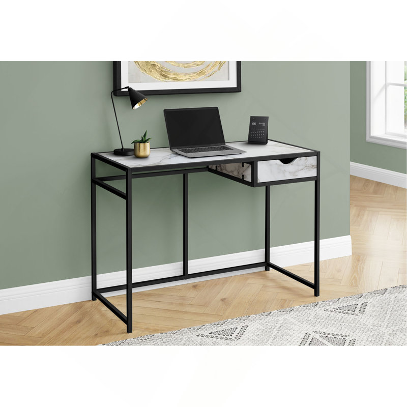 Computer Desk, Home Office, Laptop, Storage Drawer, 42"L, Work, White Marble Look Laminate, Black Metal, Contemporary, Modern