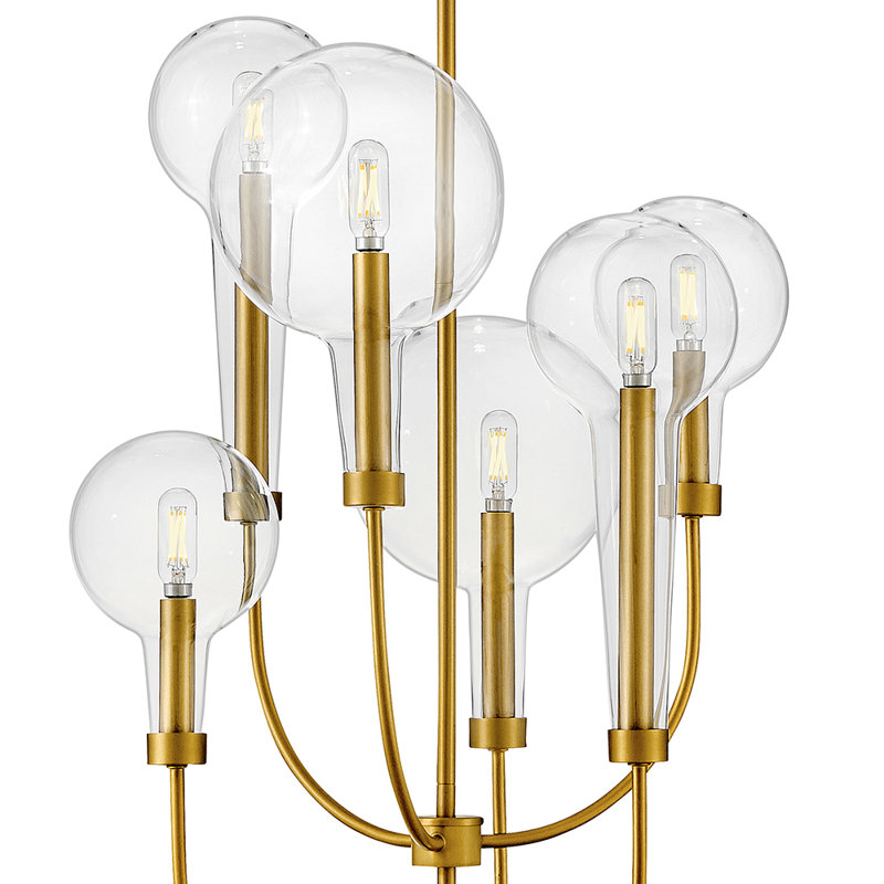 Alchemy 6-Light Clear Tapered Globe Pendant w/ U-Shaped Stems, Lacquered Brass