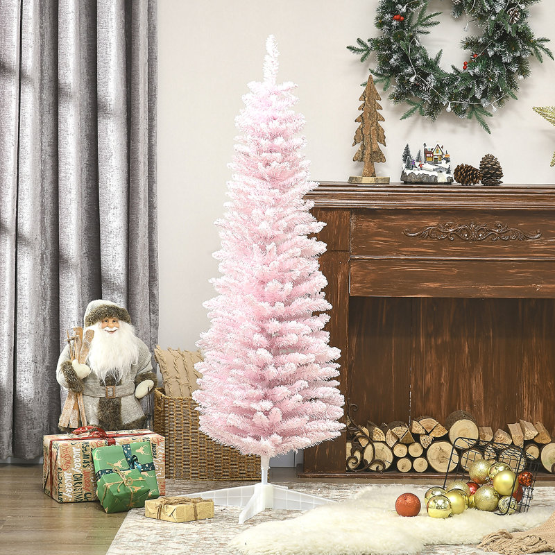 5' Snow Flocked Artificial Pencil Christmas Tree, Slim Xmas Tree With Realistic Branches And Plastic Base Stand