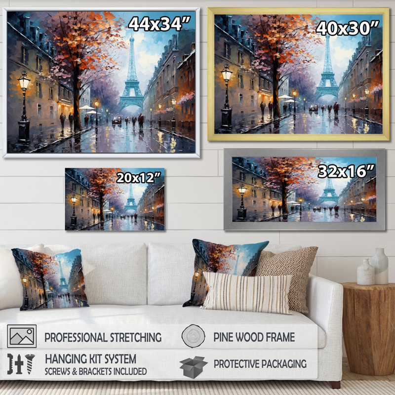 Couple romantique à Paris III - Art mural de la ville de Paris, Cadre doré à coins fermés, H 30 po x l 40 po x P 1,5 po