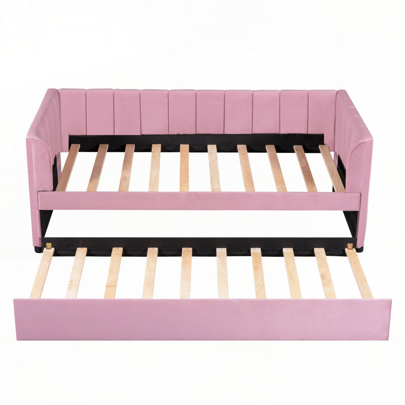 Nadwa Twin Size Upholstered Daybed with Ergonomic Design Backrest and Trundle, Pink