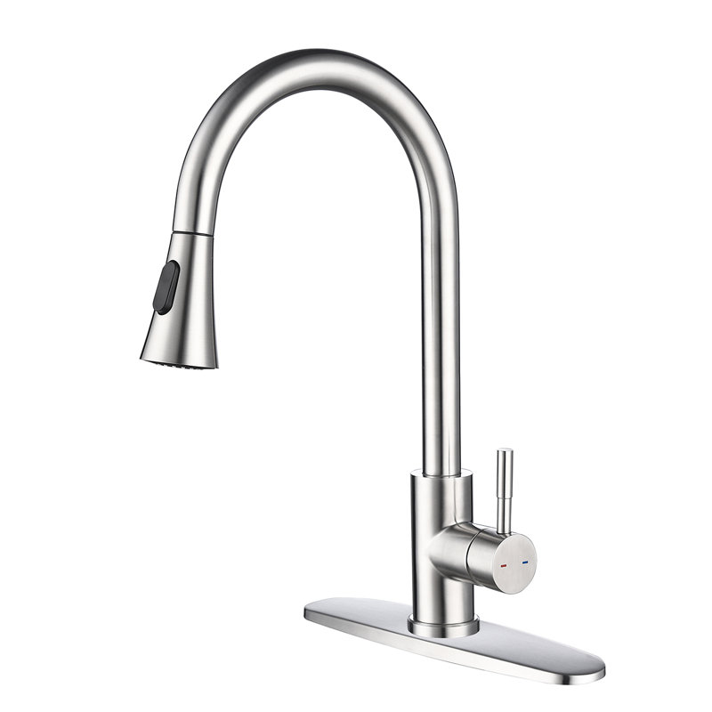 Robinet de cuisine moderne à douchette extractible, corps en acier inoxydable, teinte nickel brossé, acier sans effort