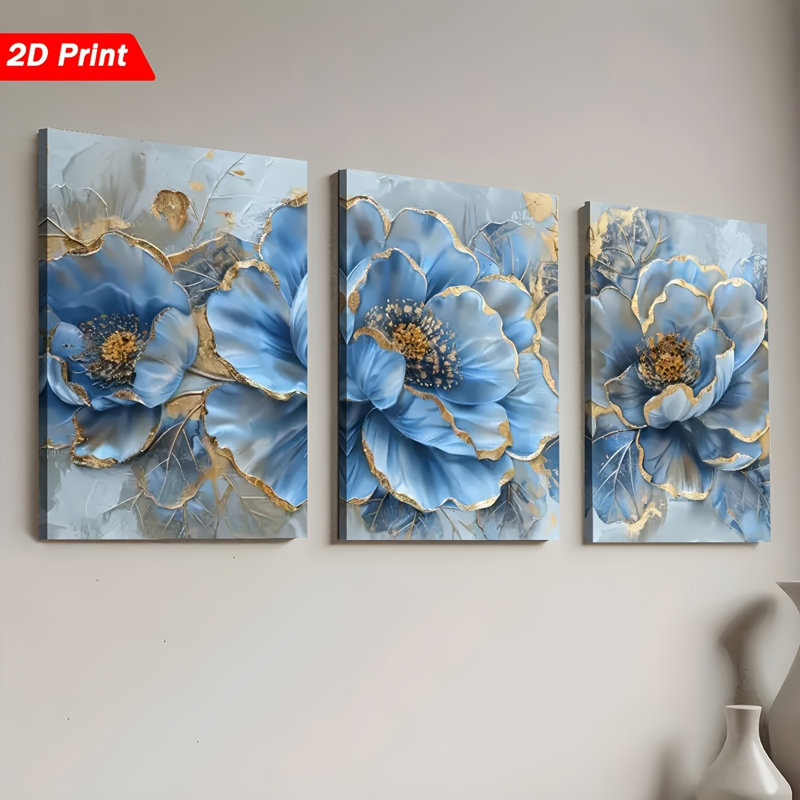 Pivoine dorée bleu glacier, impression sur toile 3 pièces pour une ambiance texturée de salon, 30 * 20 pouces 3 pièces