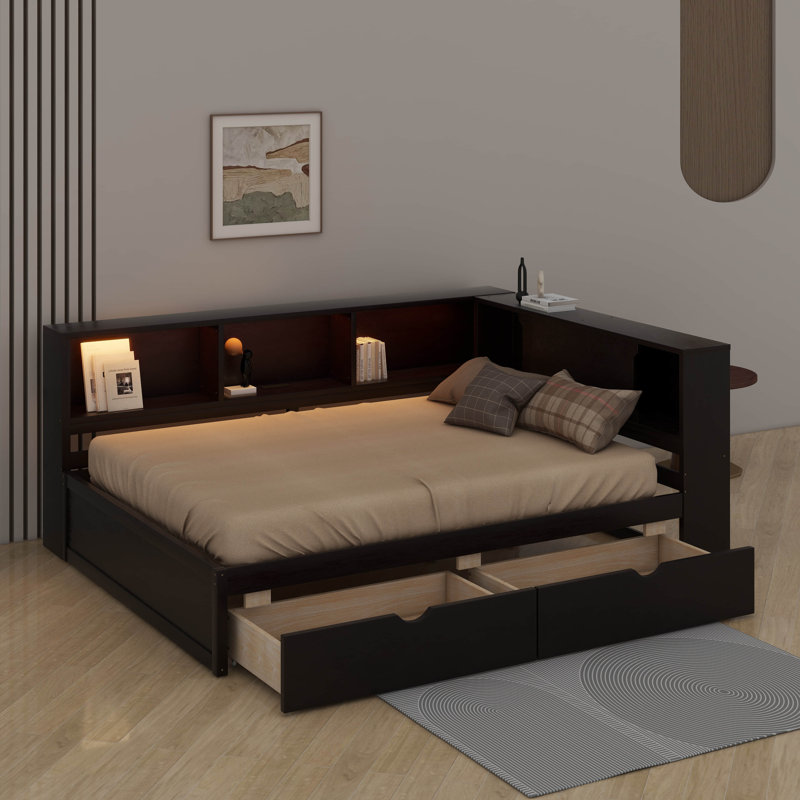 Daybed Frame With 2 Drawers And Storage Shelves, Wooden Corner Bed Sofa Bed With USB Ports And LED, Brown