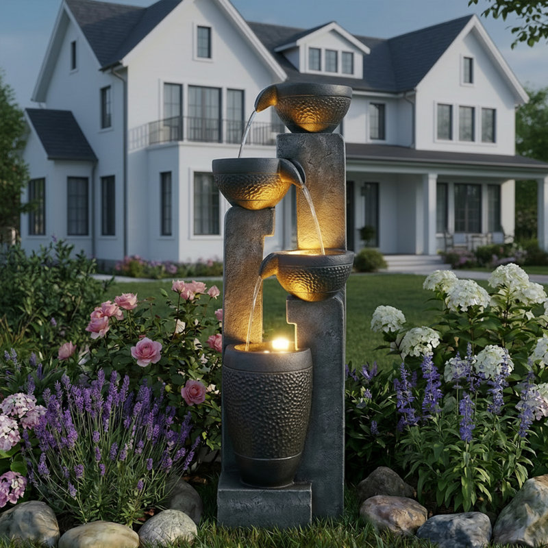 40"H Large Outdoor Water Fountain with Lights - 4 Tiered Cascading Bowls Waterfall Fountain for Garden, Patio, Backyard, Porch Inside - Freestanding Outdoor Water Feature