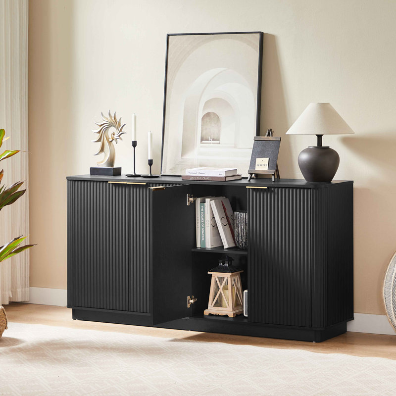 63" Vertical Stripe Buffet Cabinet Sideboard With Stoarge, Curved Wave Design, TV Stand, For Bedroom, Living Room, Hallway