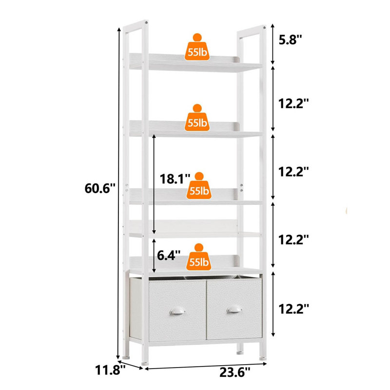 5-Tier Bookshelf, Tall Bookcase With 2 Storage Drawers, White