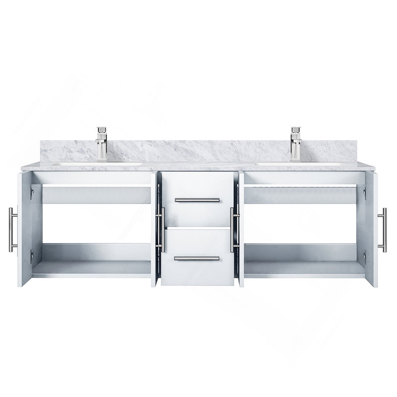 Meuble-lavabo double blanc lustré 60 po X P 22 po D, dessus en marbre de Carrare et ensemble de robinet
