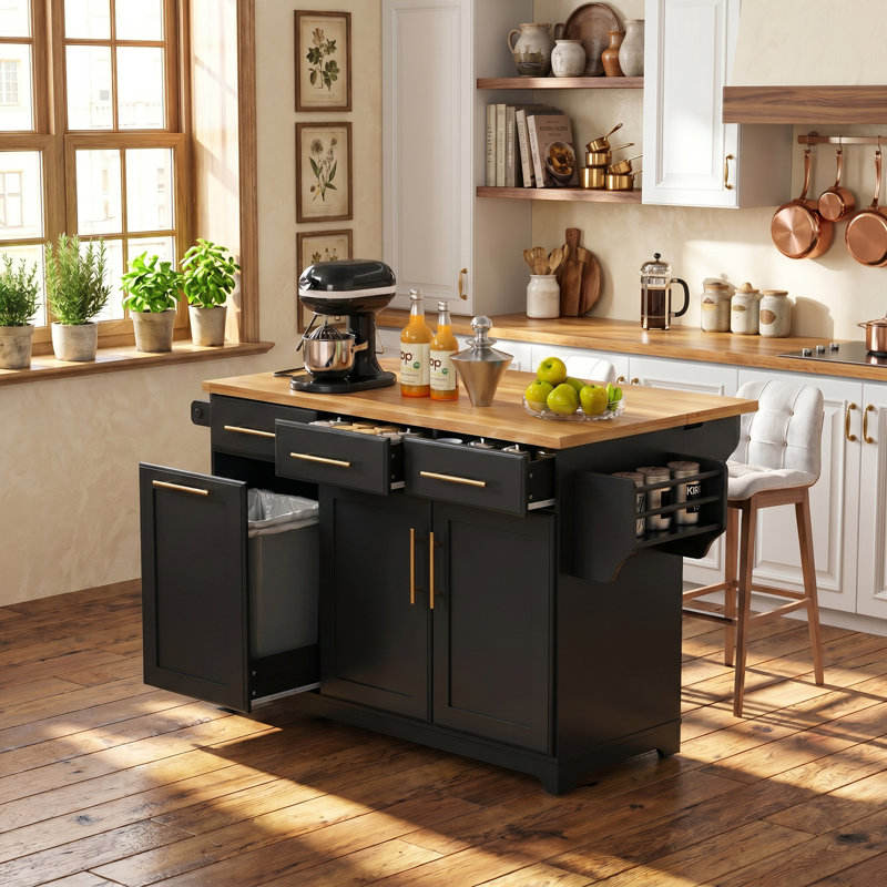 59.3" Black Kitchen Island with Storage 2 Pull Out Cabinet Organizers & Rubber Wood Drop Leaf, Rolling Kitchen Cart with Trash Can Storage, Power Outlet, Spice & Towel Rack for Kitchen, Dining Room