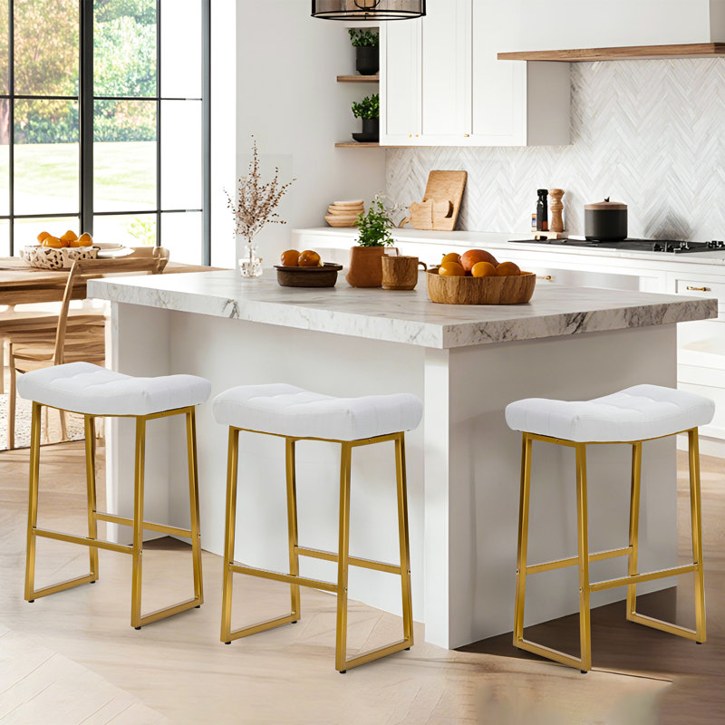 24" Modern Backless Saddle Counter Height Bar Stools With Metal Frame for Kitchen Island, White Seat/Gold Frame
