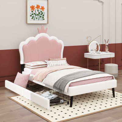 Lit princesse rembourré de taille simple avec tête de lit en forme de couronne et deux tiroirs