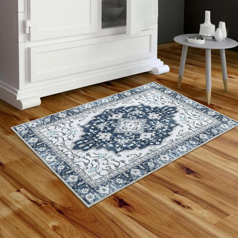 2x3 Boho Printed Area Rug – Soft Washable Carpet, Distressed Pattern, Non-Slip, Foldable, Low Pile for Living Room, Bedroom, Office (Blue)