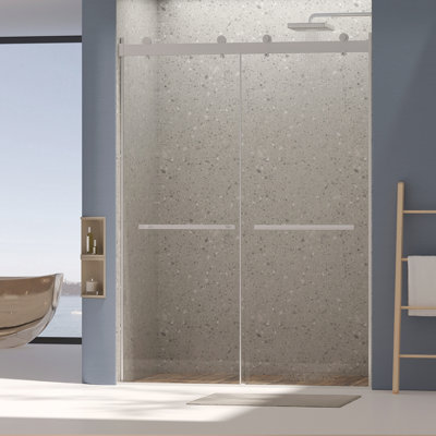 Dual Sliding Frameless Shower Door 56-60 in W x 75 in H,Sliding Shower Door with 5/16"(8mm) Clear Tempered Glass Shower Door,Silent Soft-Close Design, Easy to Clean Bathroom