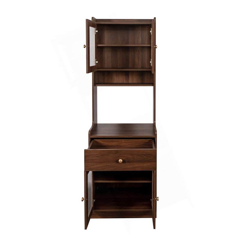 Armoire de cuisine avec support pour micro-ondes - Buffet, armoire haute, 2 armoires de rangement, 1 tiroir, compartiment ouvert, panneau de particules de 15 mm, dossier noyer de 3 mm, support autoportant de 72,99 po de hauteur,