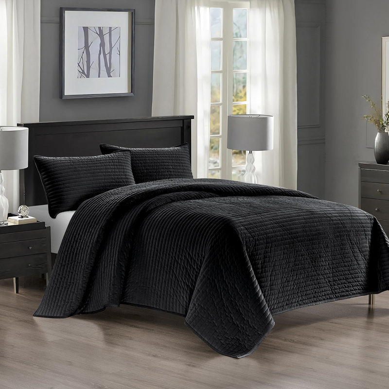 Ensemble de courtepointe surdimensionnée en velours noir Pointehaven, Noir, Courtepointe pour lit double/grand et 2 taies déc