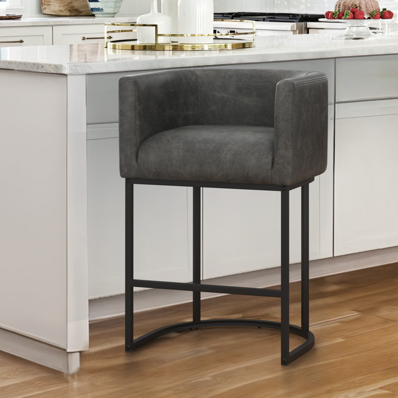 Tabouret de bar H 33,5 po Christlyn, Siège gris foncé / structure noire, Simili cuir