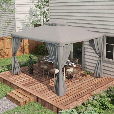 9.6X11.6FT Gazebo Steel, Mosquito Net For Garden Use With Double Roof (Gray)