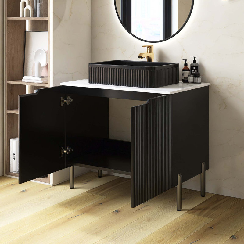 Meuble-lavabo autoportant avec lavabo et portes en céramique, comptoir blanc Carrara, Noir