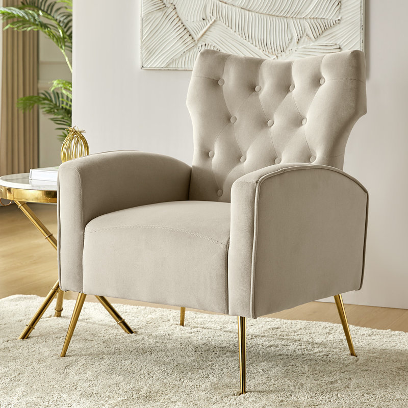 Consolata 37" H Velvet Wingback Chair with Button Tufting and Metal Legs, Tan Velvet