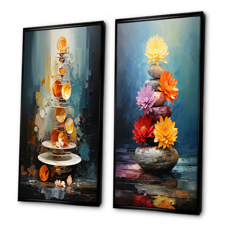 Spiritual Zen Balance Stone I - Ensemble de 2 impressions sur toile Spiritual Stone, H 40 po x l 41 po, Cadre flottant noir