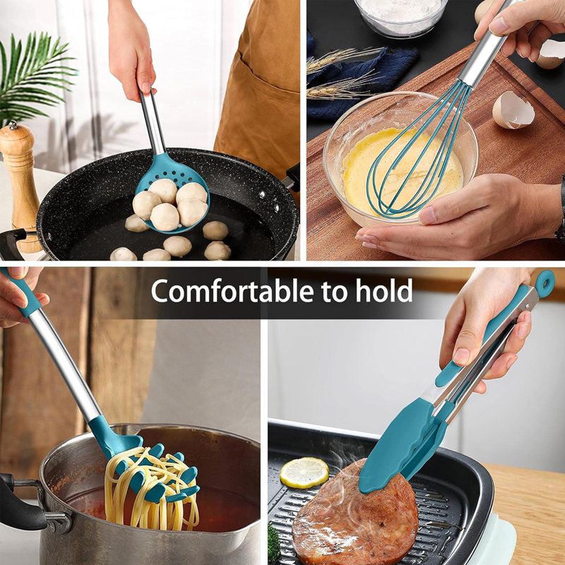 Ensemble d'ustensiles de cuisine en silicone 15 pièces, résistant à la chaleur antiadhésif, lavable au lave-vaisselle, sans BPA, bleu