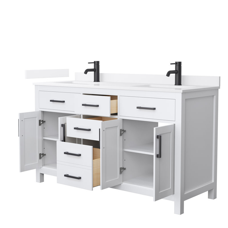 Beckett 60" Freestanding Double Bathroom Vanity with Quartz Top, White, White Quartz, Matte Black