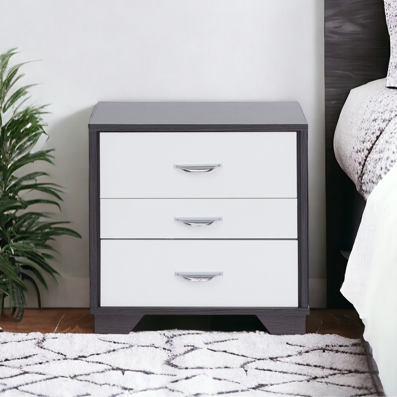 White & Black Accent Table With 3 Drawers, 40Lbs Weight Capacity On Top, Wood Construction Modern Rectangular Nightstand In Black, 3 Cabinet, And Pb