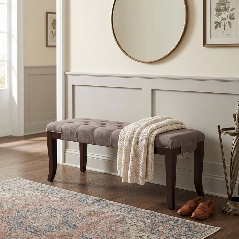 Solid Wood Upholstered Tufted Bench, Brown Fabric
