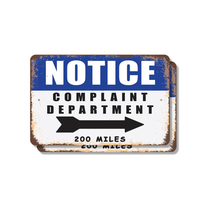 Complaint Department 200 Miles (2 Pack) 8 Inch x 12 Inch Plastic Sign