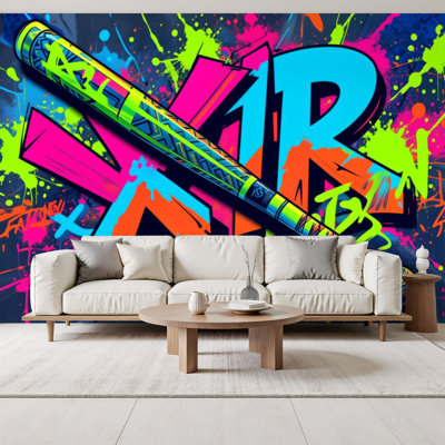 Peel and Stick Wallpaper Baseball Bat Neon Graffiti Style Bold Urban Vibes Wall Murals 69"H x 96"W Removable PVC Wall Paper Self-Adhesive Wall Decor for Bedroom Living Room Home Office