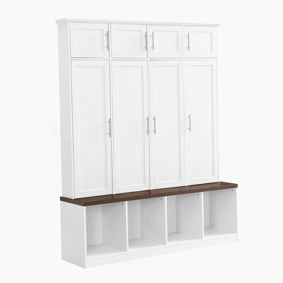 Versatile Hall Tree With 4 Hanging Hooks, Brown Wood Grain Bench With Multiple Storage Space, Entryway Cabinet With Open Compartments