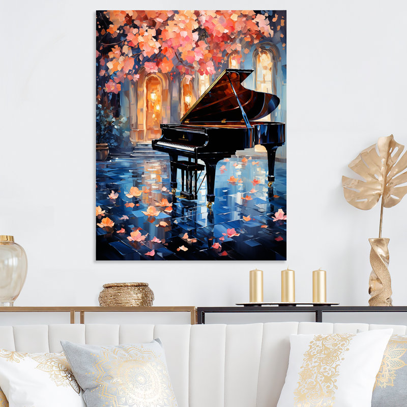 «Black Grand Piano Floral Symphony», art mural piano en métal, H 40 po x l 30 po x P 1,5 po