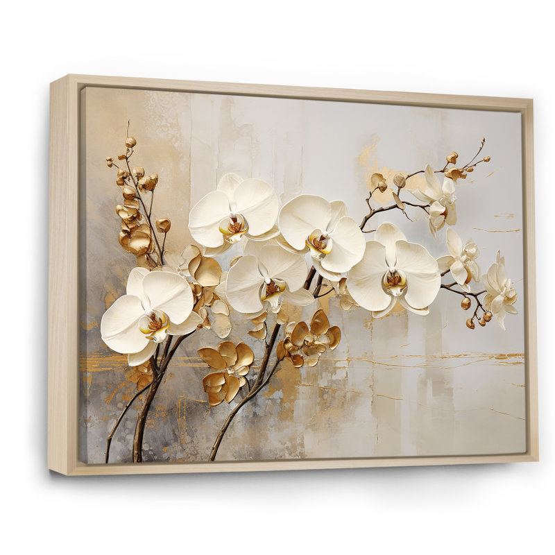 Minimalisme beige et orchidées dorées - impressions sur toile orchidées, H 34 po x l 44 po, Reproduction avec cadre flottant