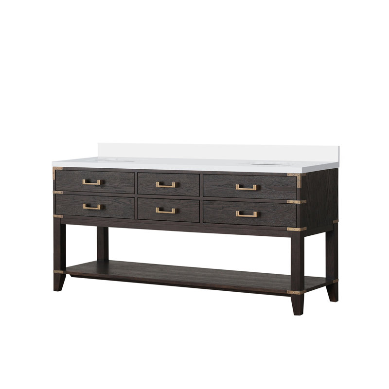 Double Bath Vanity with Quartz Top, Brown Oak