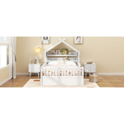 Lit simple en bois avec tête de lit et tablette de rangement, blanc