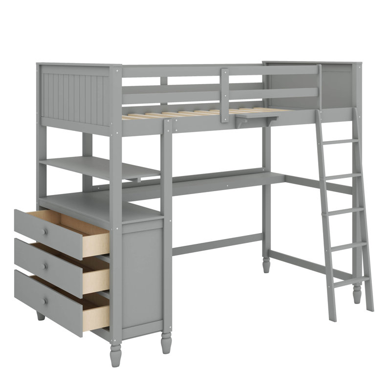 Lit mezzanine avec bureau, tiroirs et tablettes intégrés, Gris