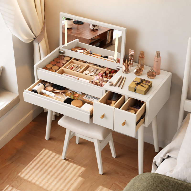 Coiffeuse Anita en bois massif avec miroir rabattable et modes d'éclairage, L 39,4 po, Blanc
