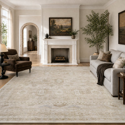Tapis oriental délavé lavable antidérapant beige