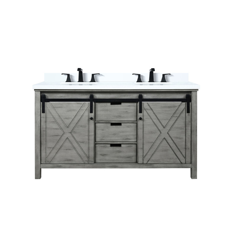 Meuble-lavabo double gris cendré 60 po L 22 po x P, comptoir et robinet en quartz blanc - surface à gratter, grand espace de rangement avec armoires et tiroirs aux rayures, intérieur spacieux