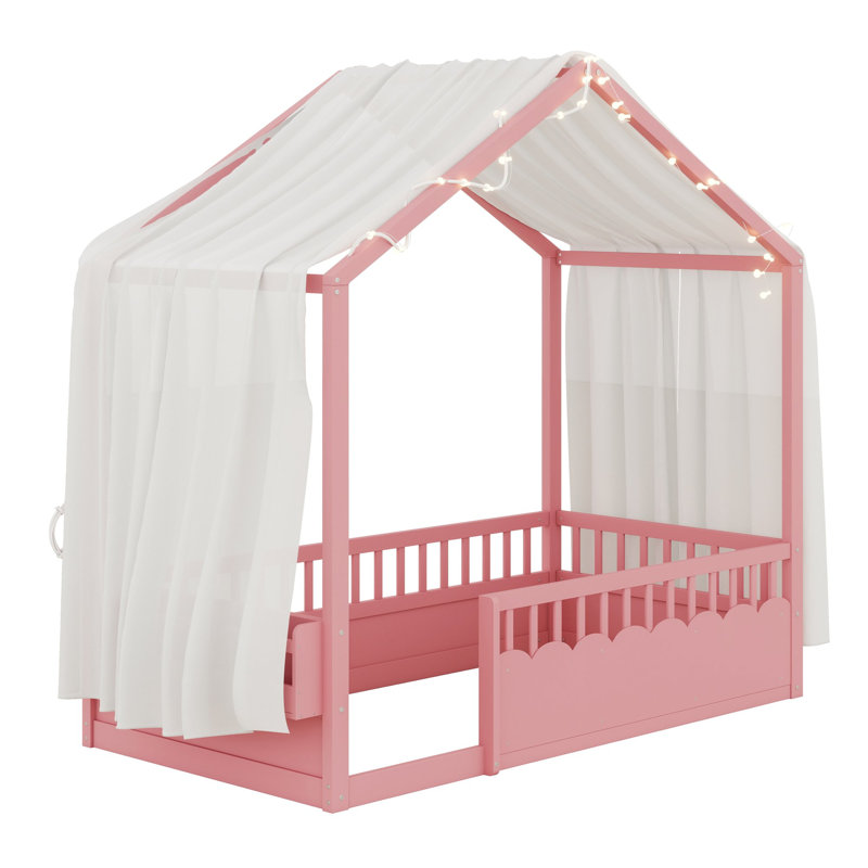 Lit plateforme avec baldaquin, barrières de sécurité et porte d'entrée pour les chambres d'enfants, Twin, Rose