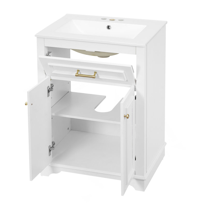 24" Bathroom Vanity With Integrated Ceramic Sink, Bathroom Cabinet With 2 Doors, 1 Tip-Out Drawer, Single Sink Bathroom Vanity For Small And Medium Restroom, White