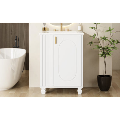Meuble-lavabo blanc 24 po avec lavabo en céramique lisse, structure en pin, poignées en métal, tablettes à 2 niveaux, espace sous l'évier, pieds en bois à conception ouverte, armoire à fermeture douce, compartiments latéraux, tablettes