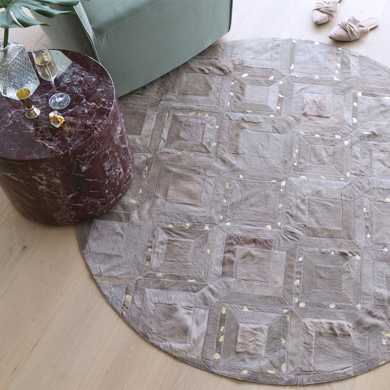 Cowhide Geometric Area Rug in Lilac Ash, Round 9'10"